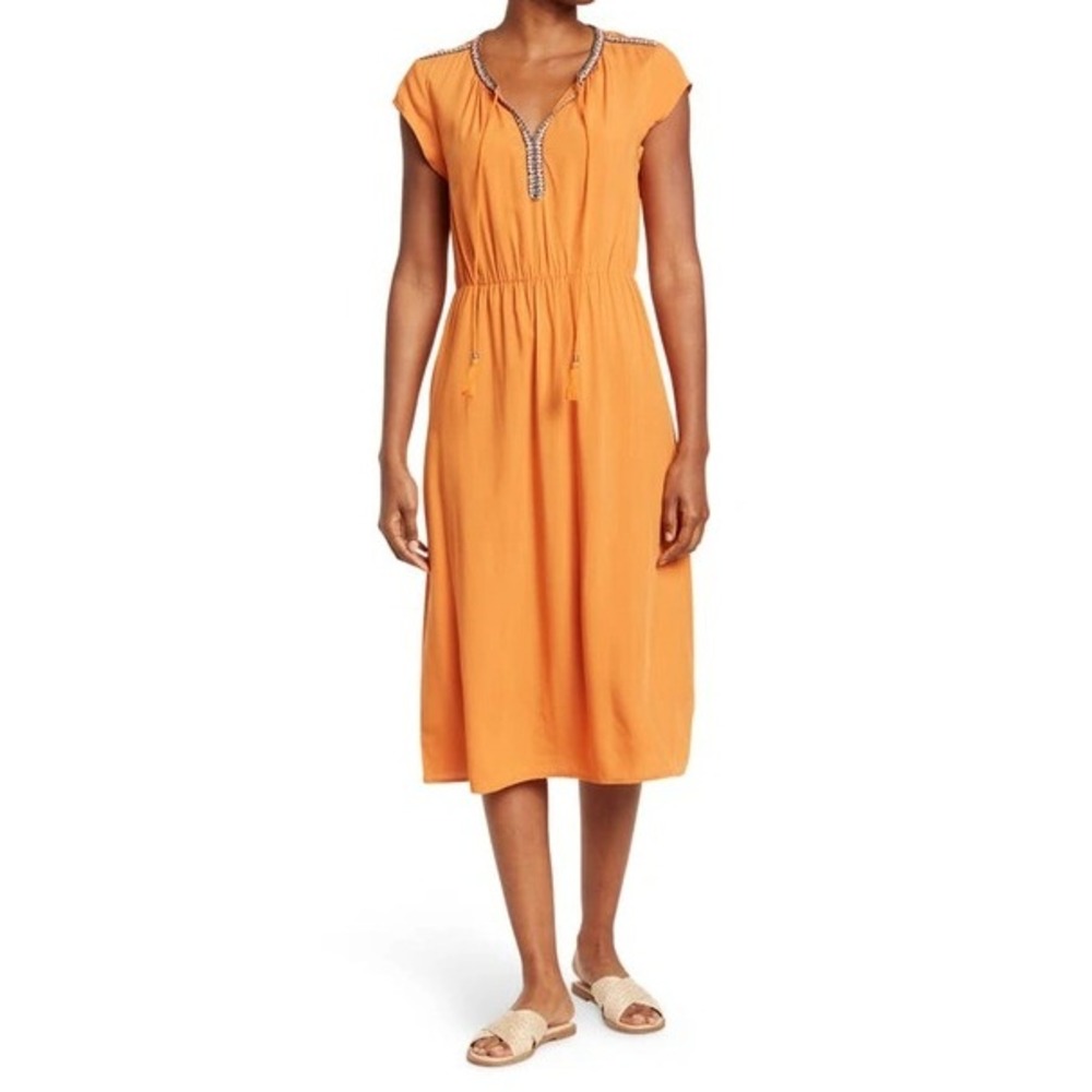 DR2 Orange Boho Soft Comfy Rayon Midi Dress size‎ Large